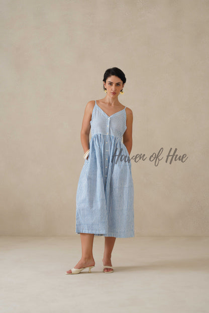 Blue Striped Cotton Dress | Sleeveless Button Down Midi Dress