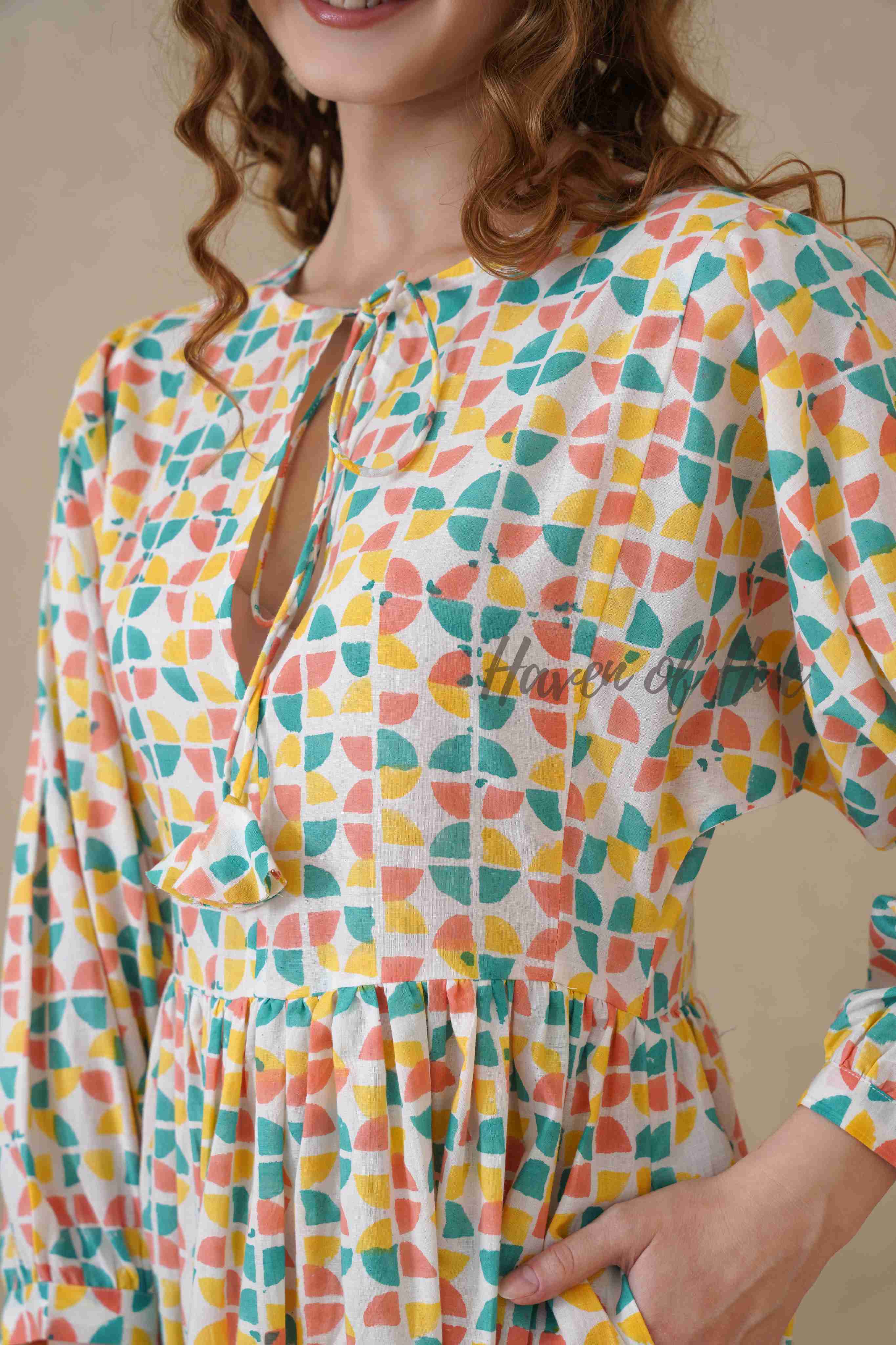 Multicolor Full Sleeve Cotton Dress with Geometric Print