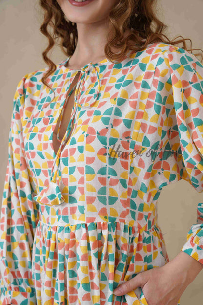 Multicolor Full Sleeve Cotton Dress with Geometric Print