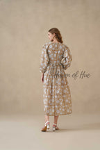Brown Cotton Tiered Dress – Boho Floral Short Sleeve Midi