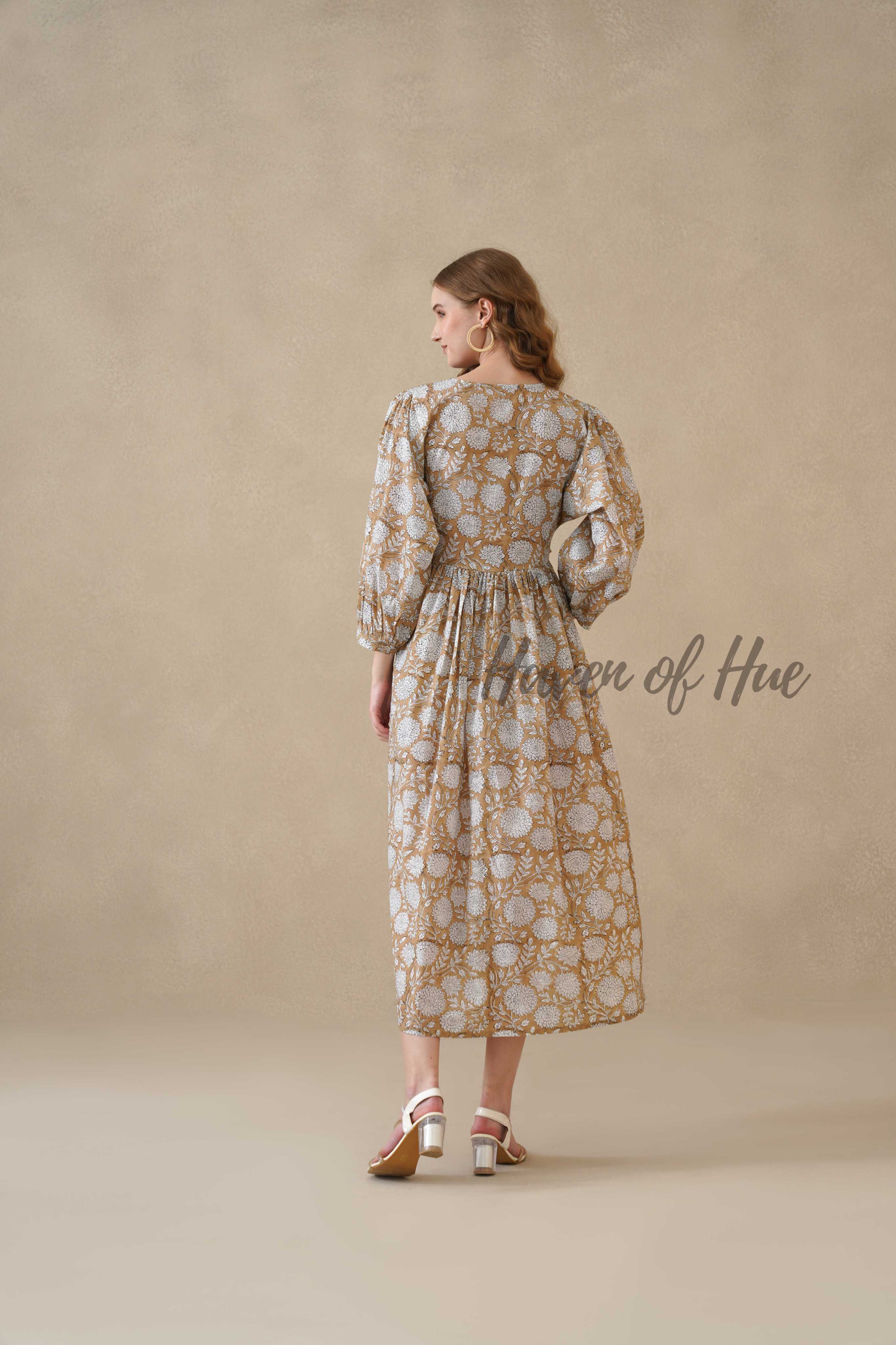 Brown Cotton Tiered Dress – Boho Floral Short Sleeve Midi