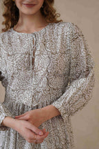 Grey Block Print Cotton Dress with Full Sleeves