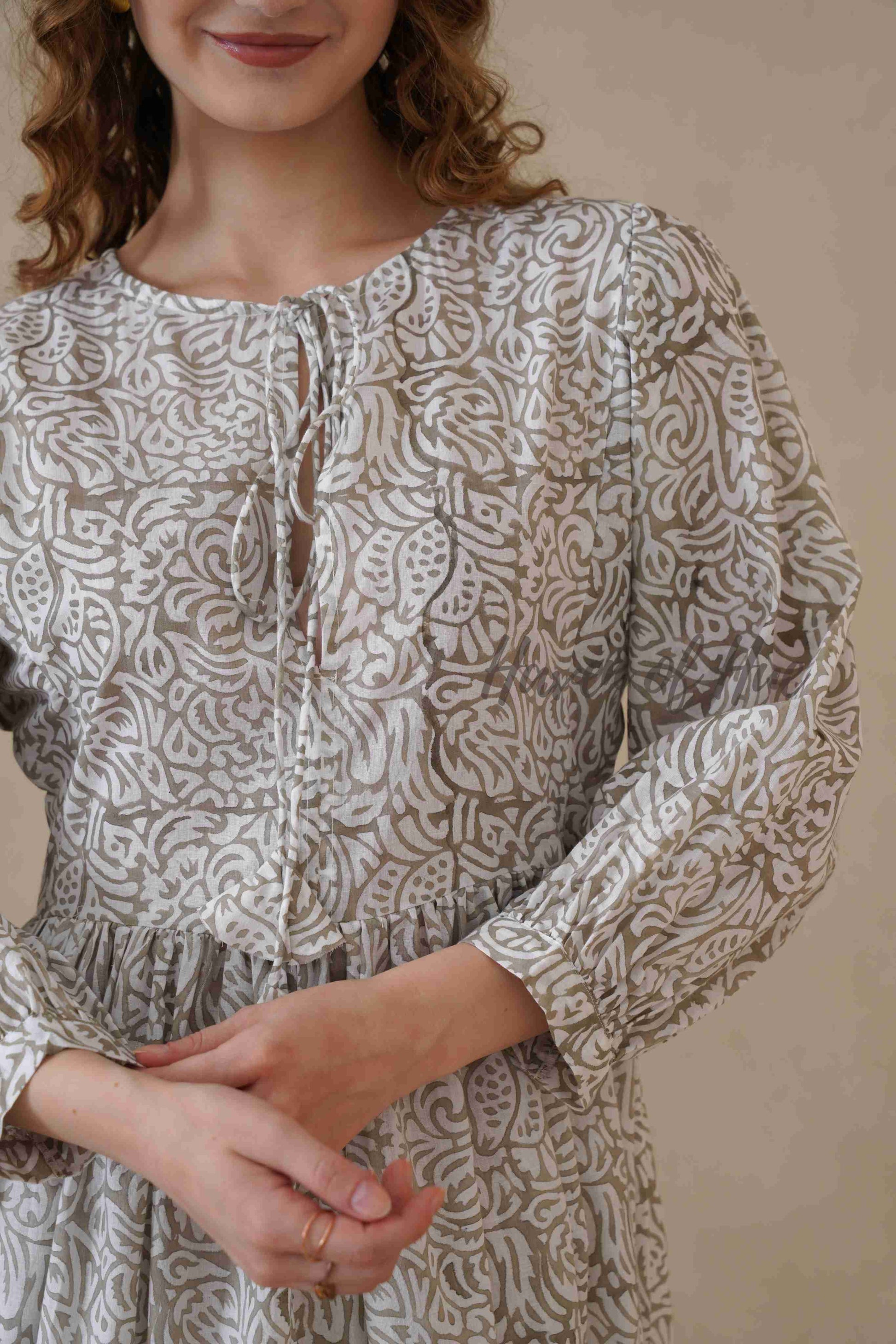 Grey Block Print Cotton Dress with Full Sleeves
