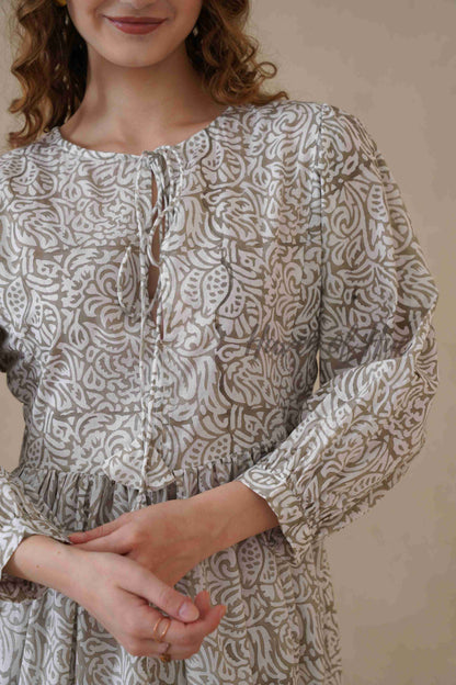 Grey Block Print Cotton Dress with Full Sleeves