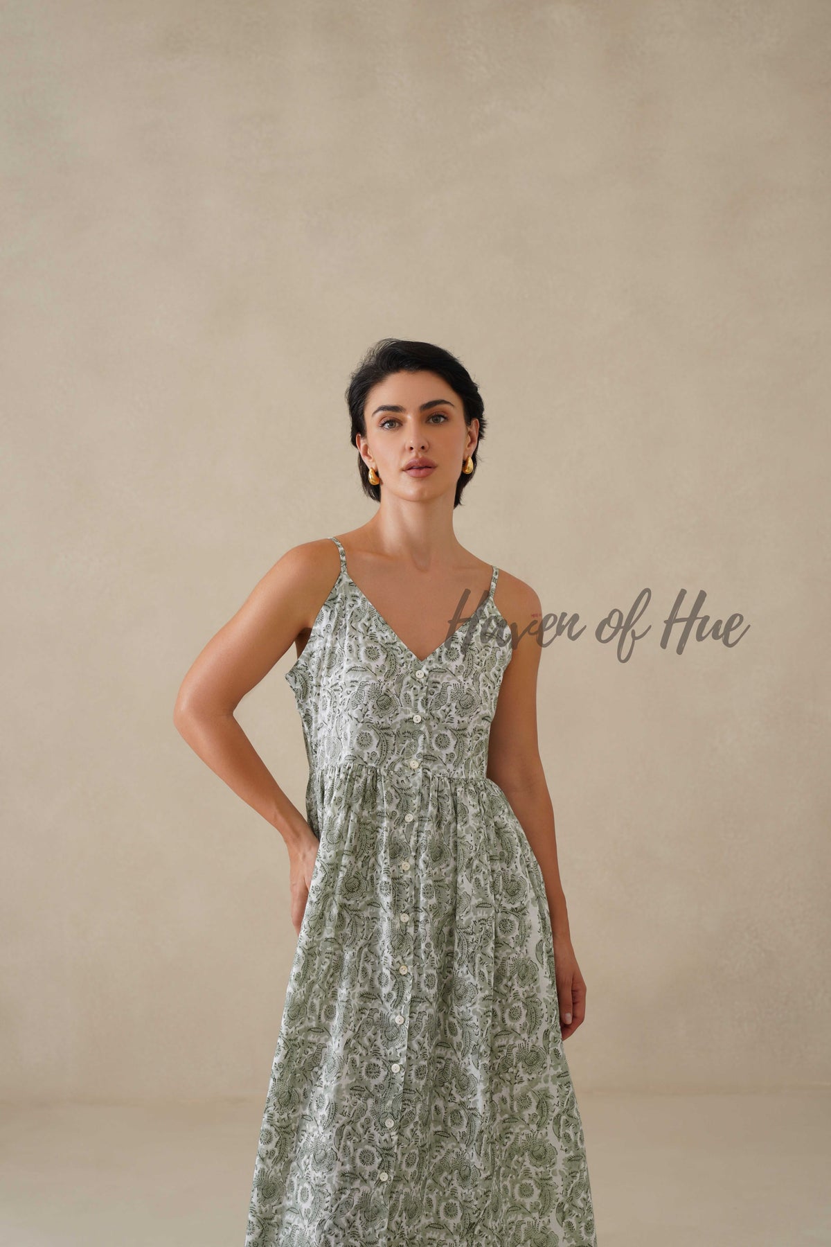 Cotton Midi Dress Summer Floral Print Sleeveless Boho Sundress for Women - Sage Green Relaxed Fit Casual Vacation Dress