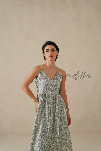 Cotton Midi Dress Summer Floral Print Sleeveless Boho Sundress for Women - Sage Green Relaxed Fit Casual Vacation Dress