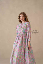 Multicolor Floral Cotton Midi Dress with Long Sleeves