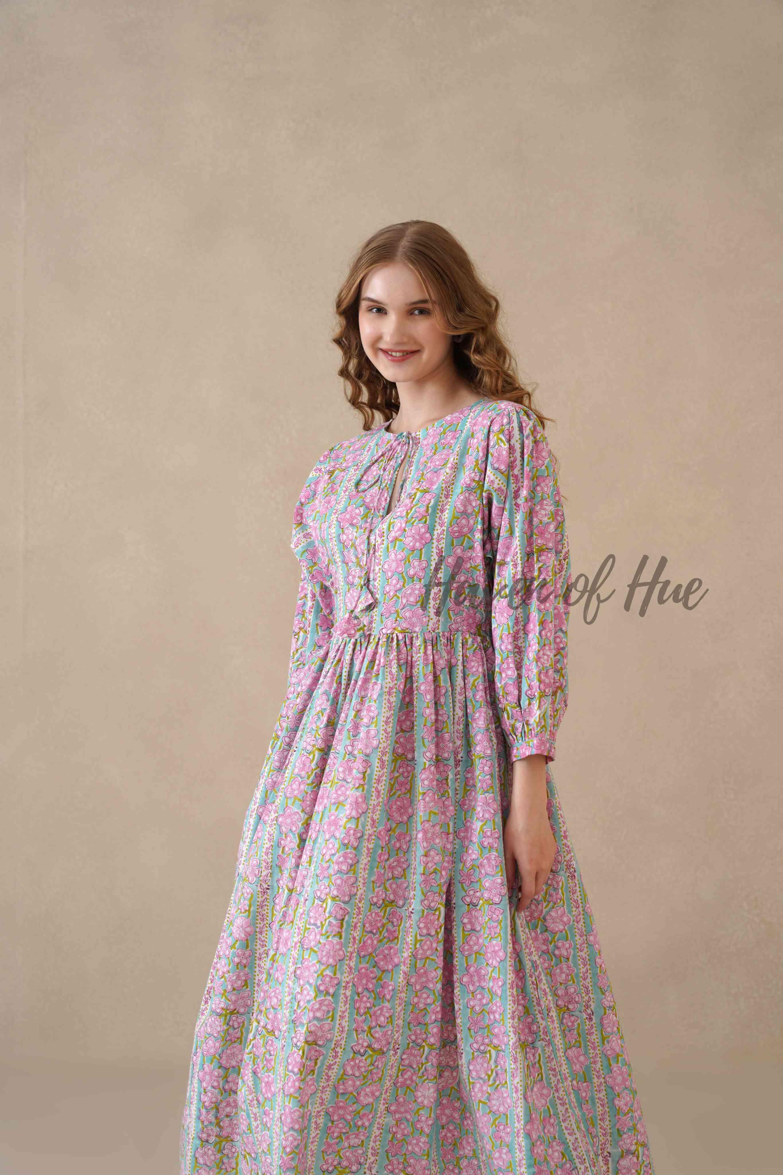 Multicolor Floral Cotton Midi Dress with Long Sleeves