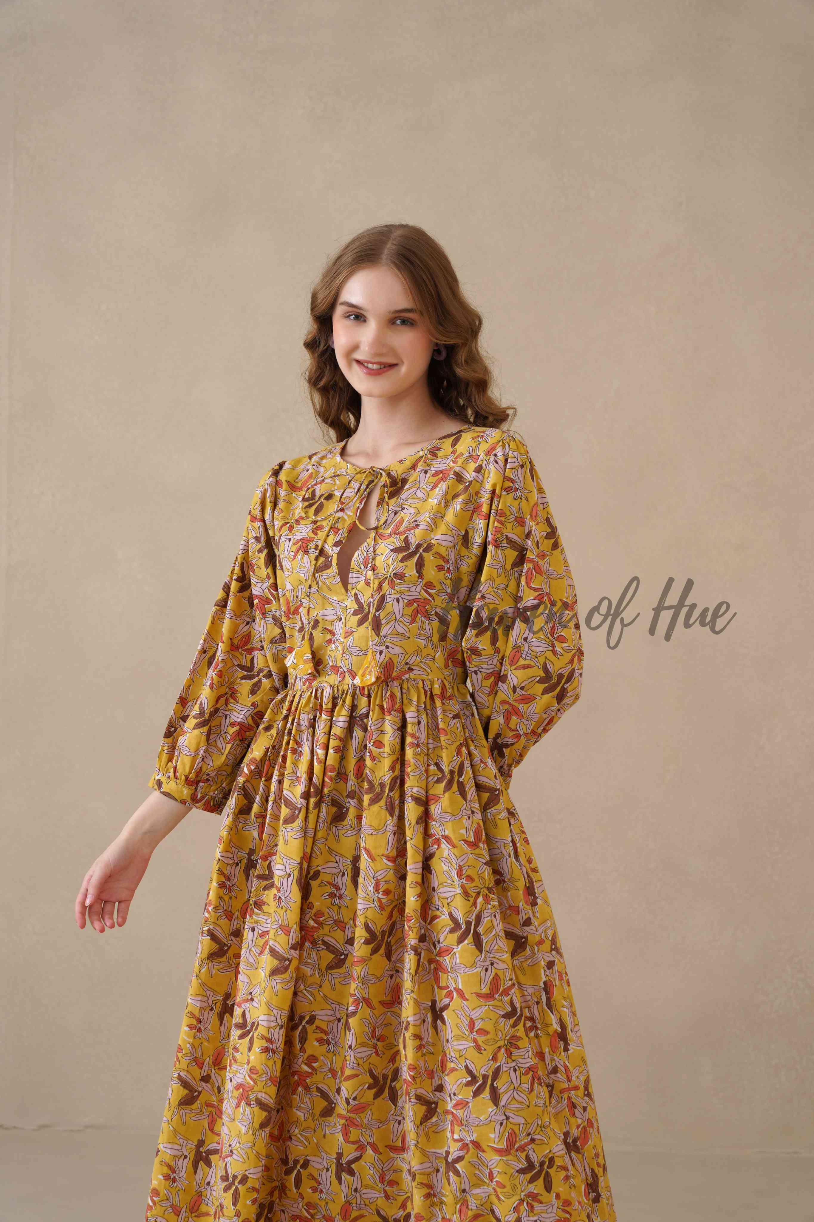 Yellow Floral Cotton Midi Dress with Long Sleeves
