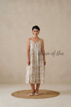 Beige Floral Cotton Dress | Sleeveless Button Down Midi Dress
