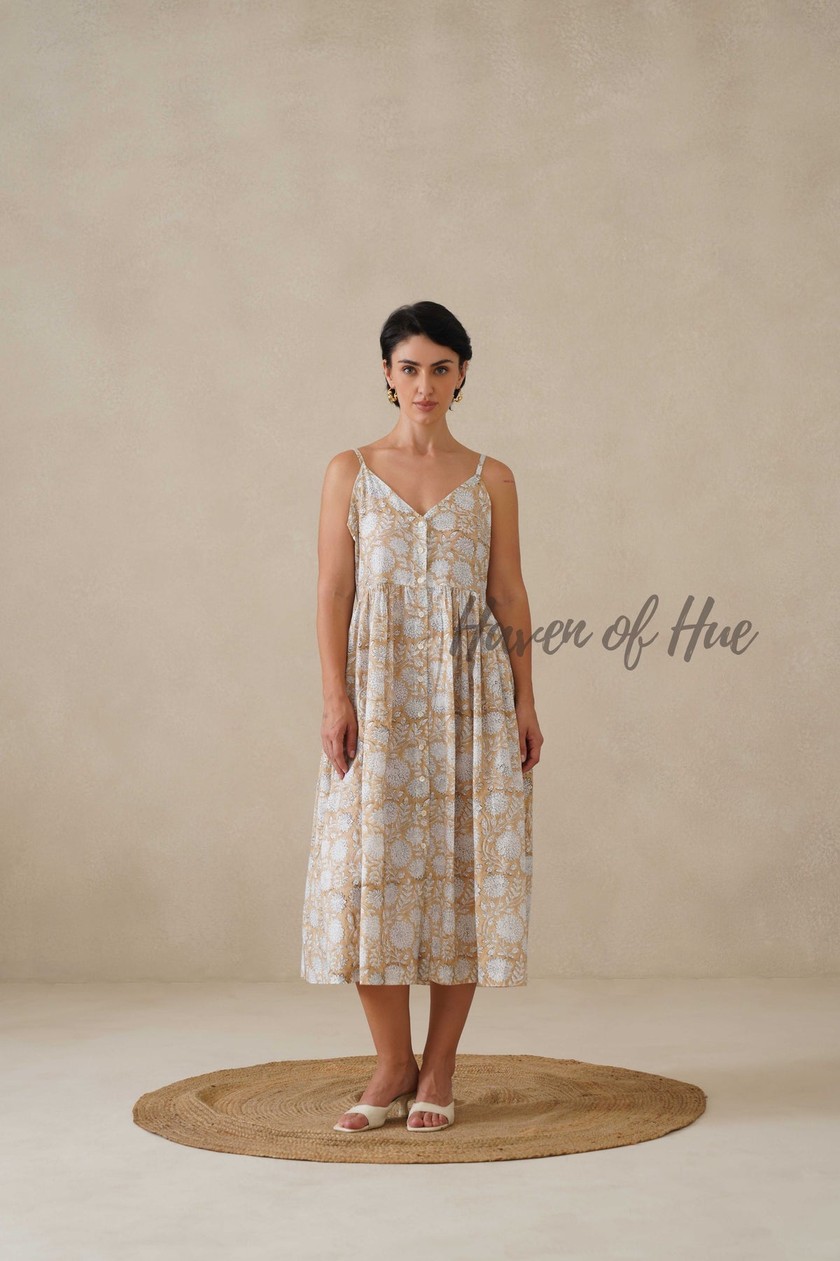 Beige Floral Cotton Dress | Sleeveless Button Down Midi Dress