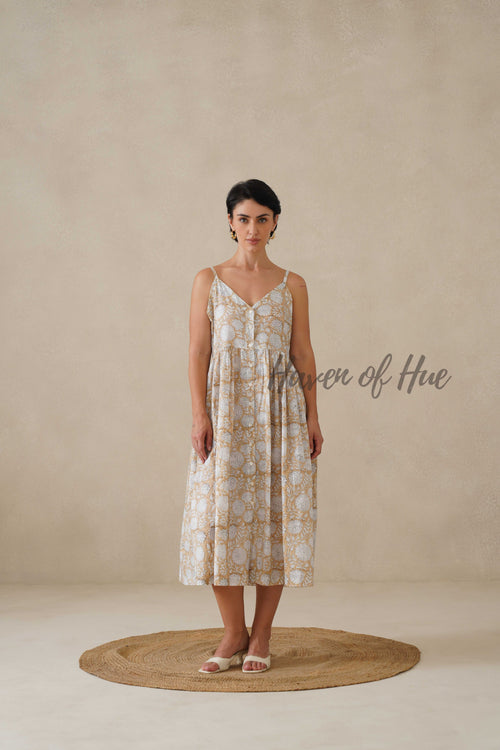 Beige Floral Cotton Dress | Sleeveless Button Down Midi Dress