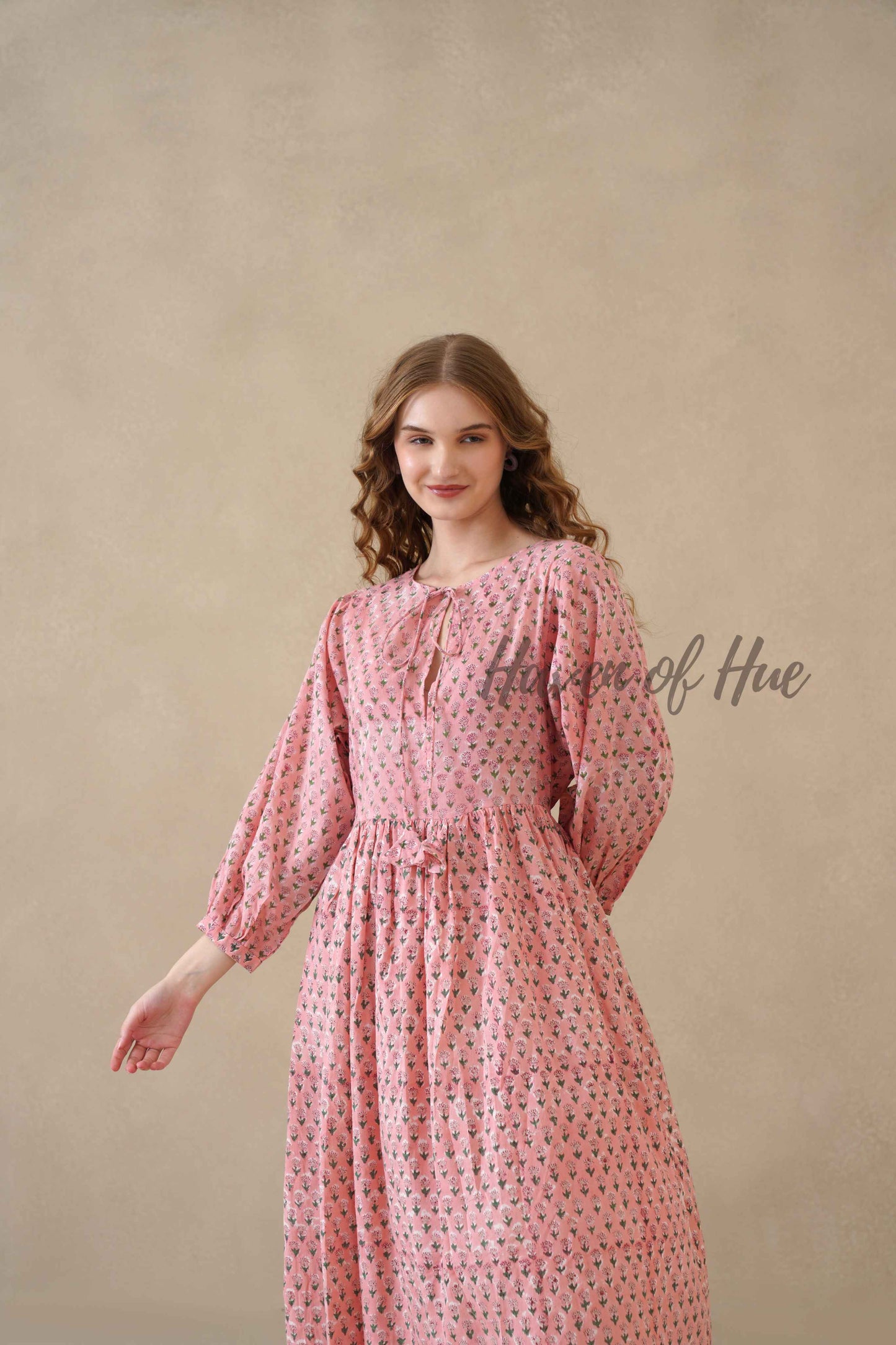 Pink Floral Cotton Midi Dress with Long Sleeves