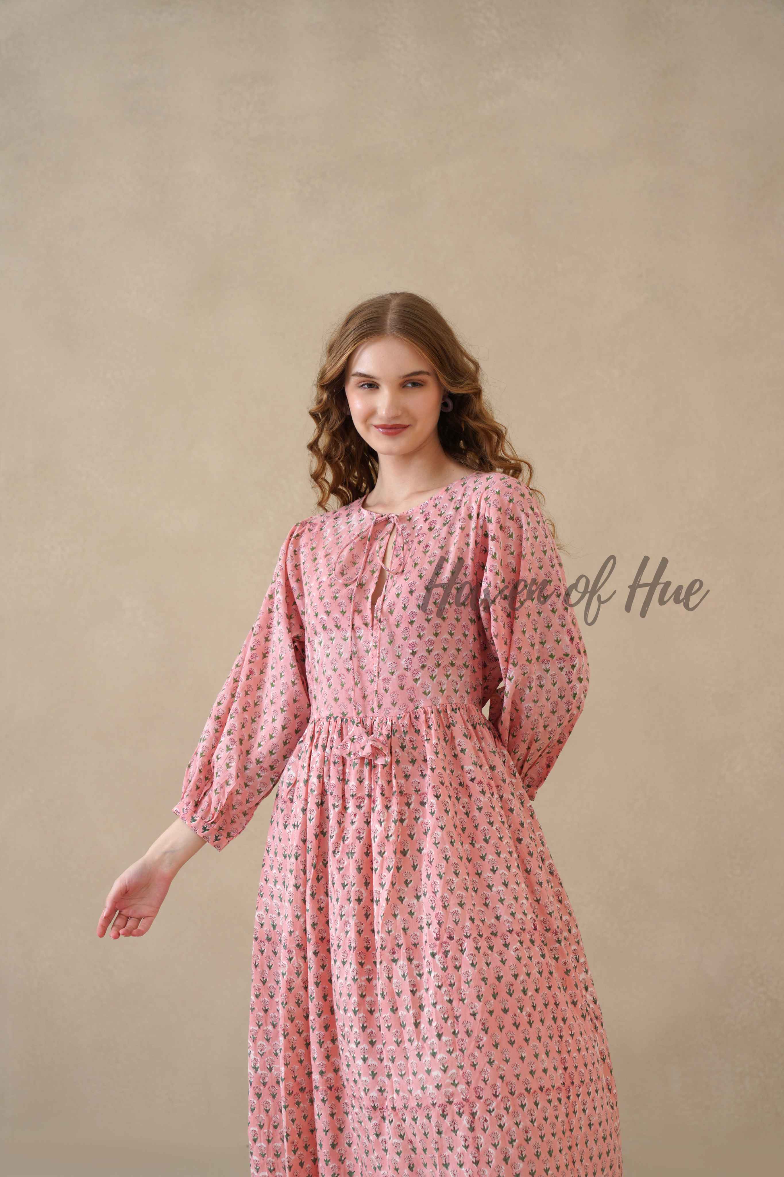 Pink Floral Cotton Midi Dress with Long Sleeves