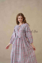 Pink Floral Cotton Midi Dress with Long Sleeves