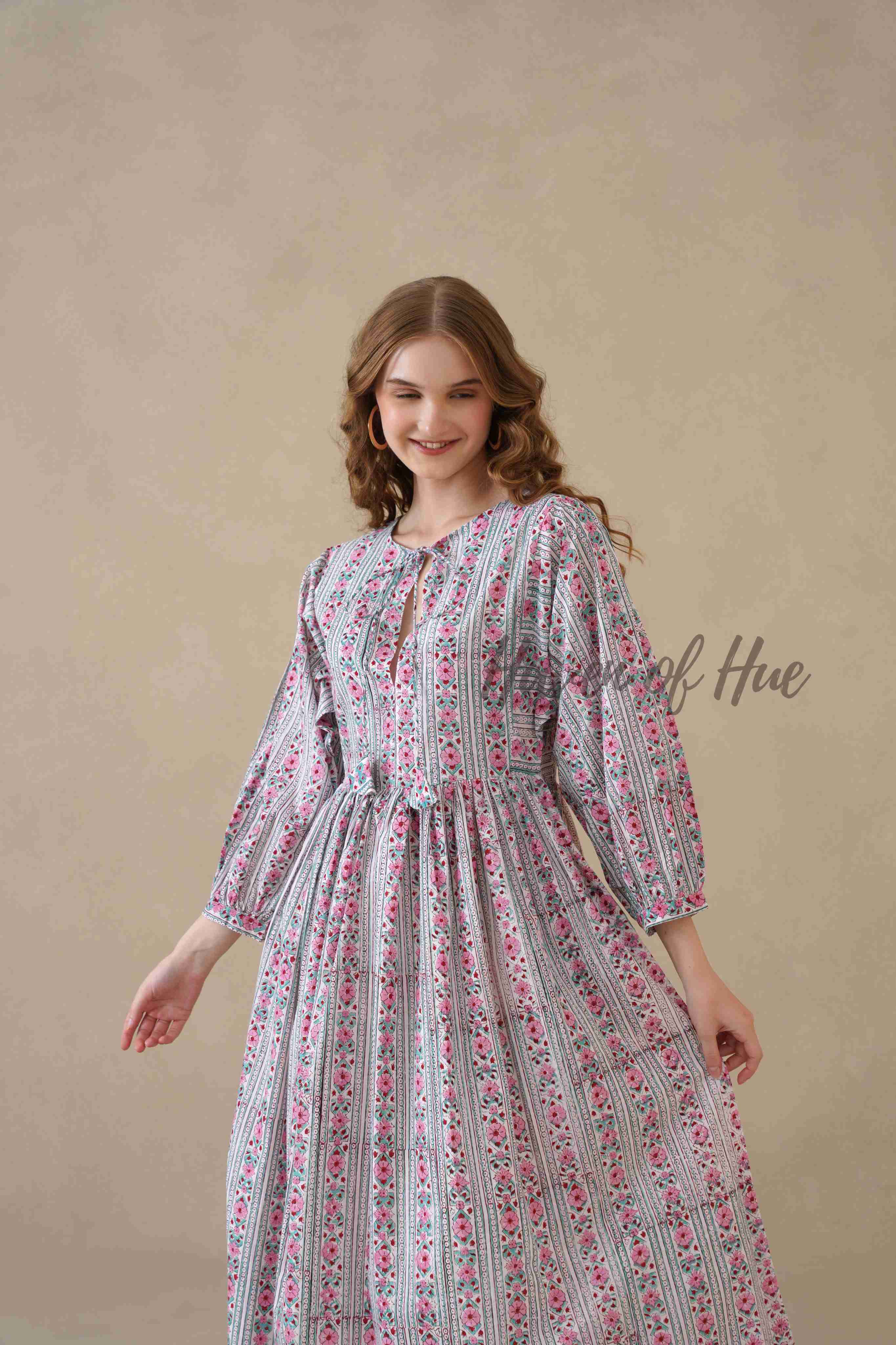 Pink Floral Cotton Midi Dress with Long Sleeves