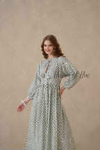 Green Full Sleeve Cotton Dress with Geometric Print
