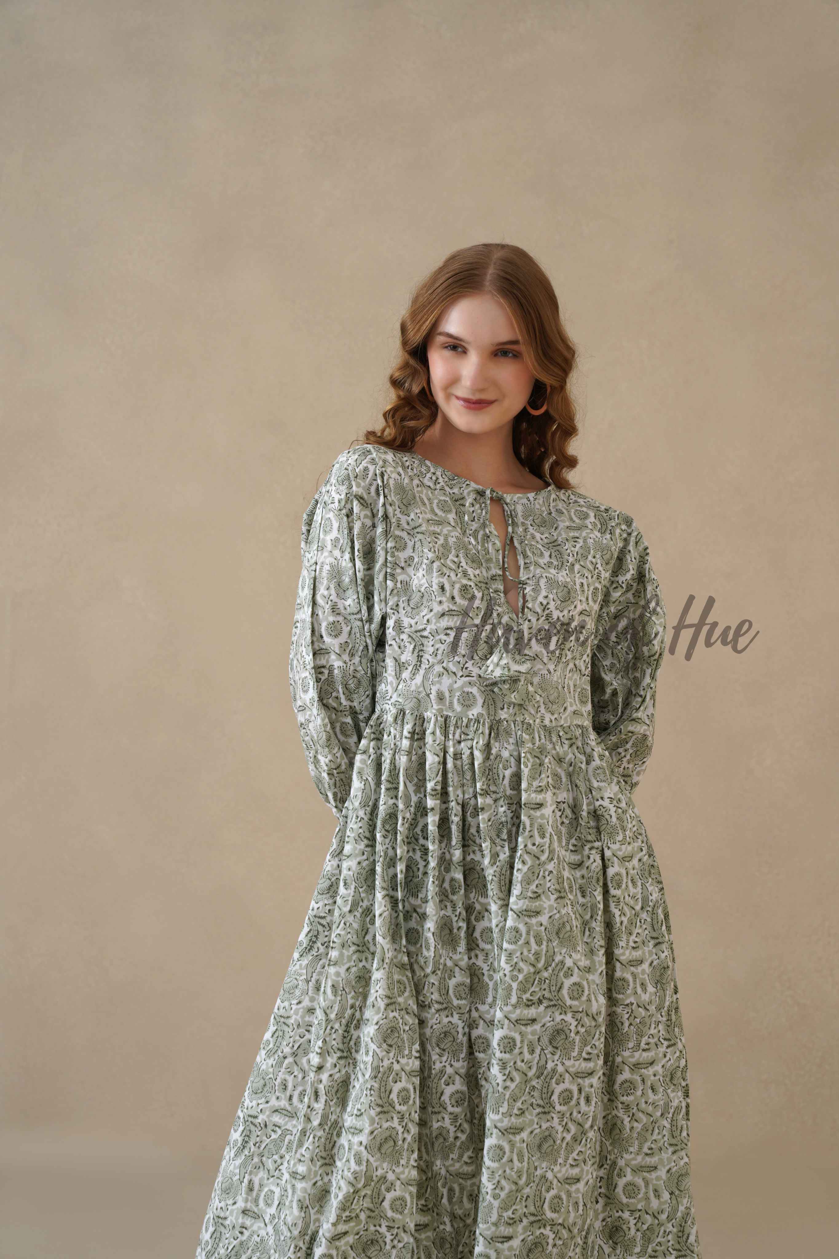 Green Cotton Tiered Dress – Boho Floral Short Sleeve Midi