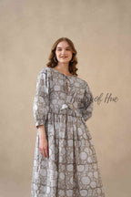 Grey Cotton Tiered Dress – Boho Floral Short Sleeve Midi