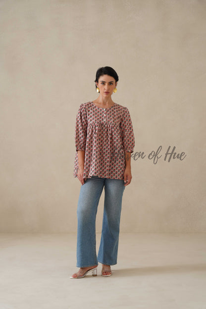 Women Cotton Tunic Top - Hand Block Printed Boho Floral Blouse