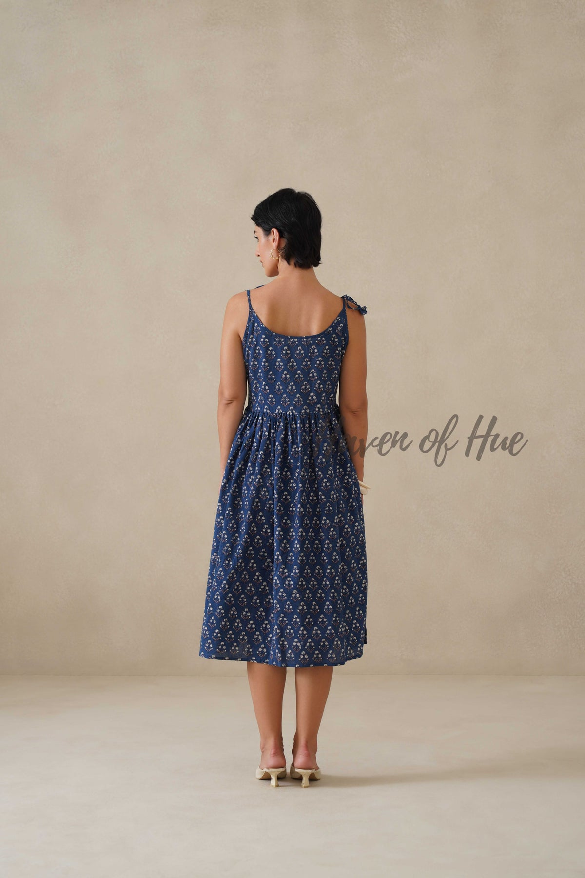 Navy Floral Cotton Dress | Tie Shoulder Summer Midi Dress