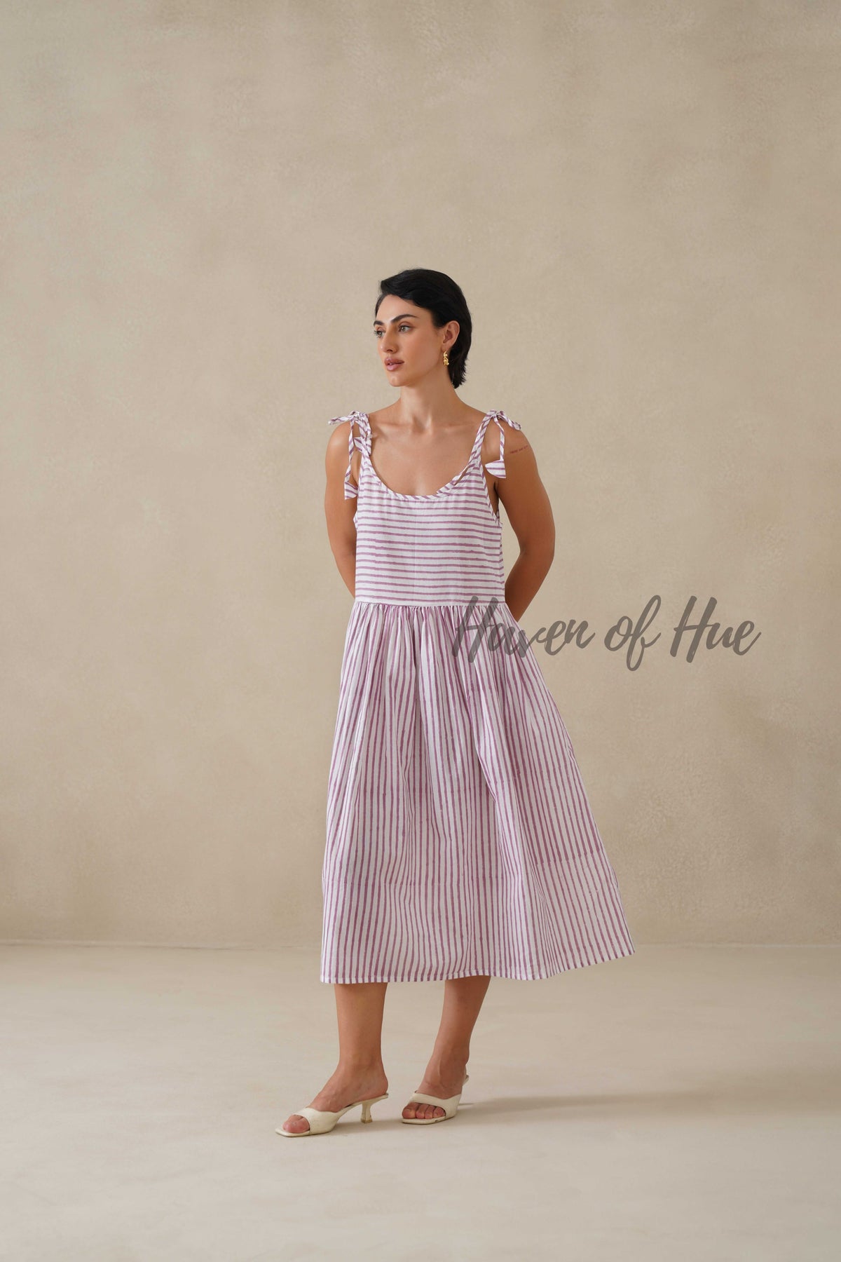 Purple Striped Cotton Dress | Tie Shoulder Summer Midi Dress