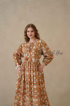 Orange Full Sleeve Cotton Dress with Floral Print