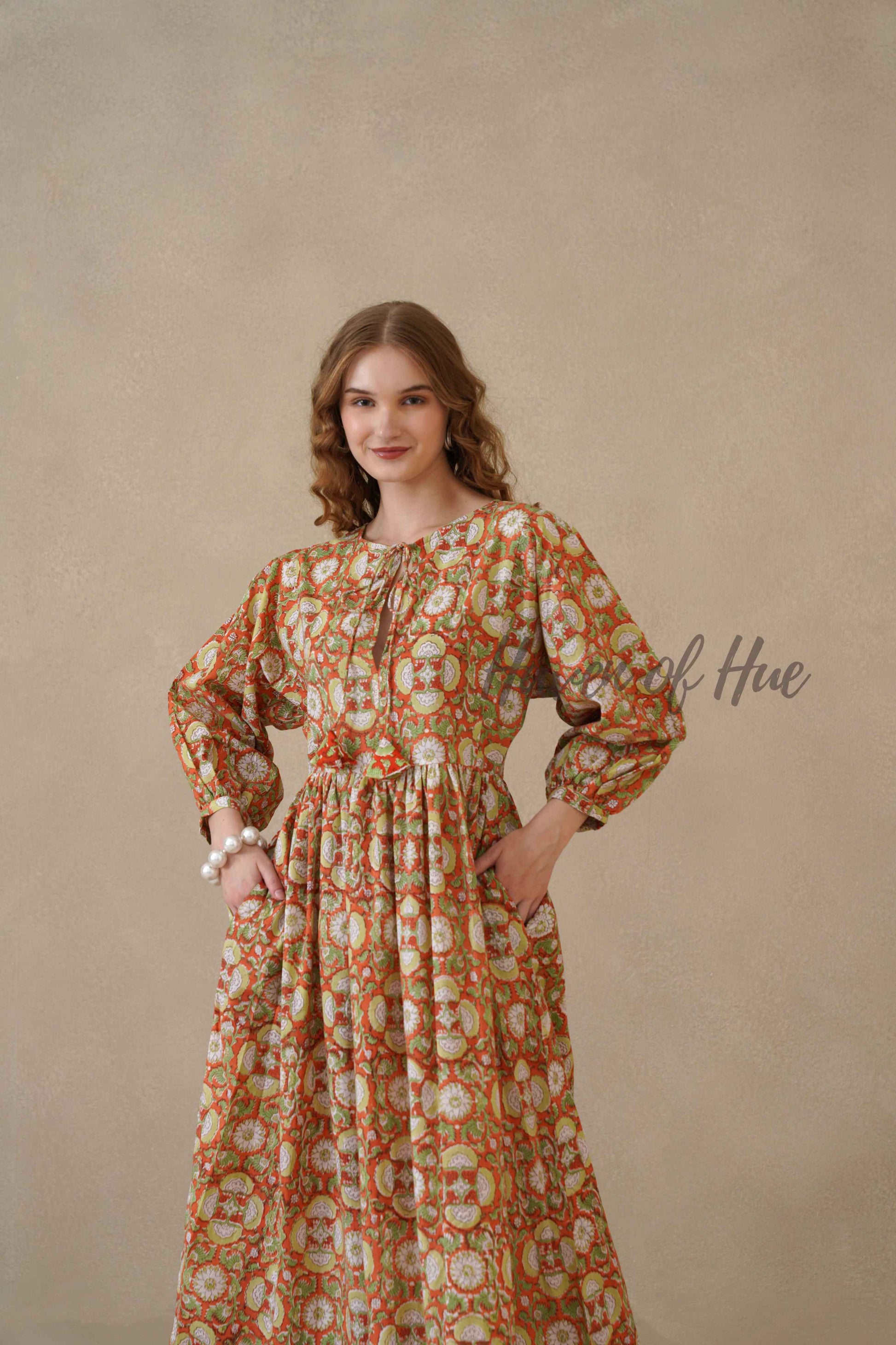 Orange Full Sleeve Cotton Dress with Floral Print