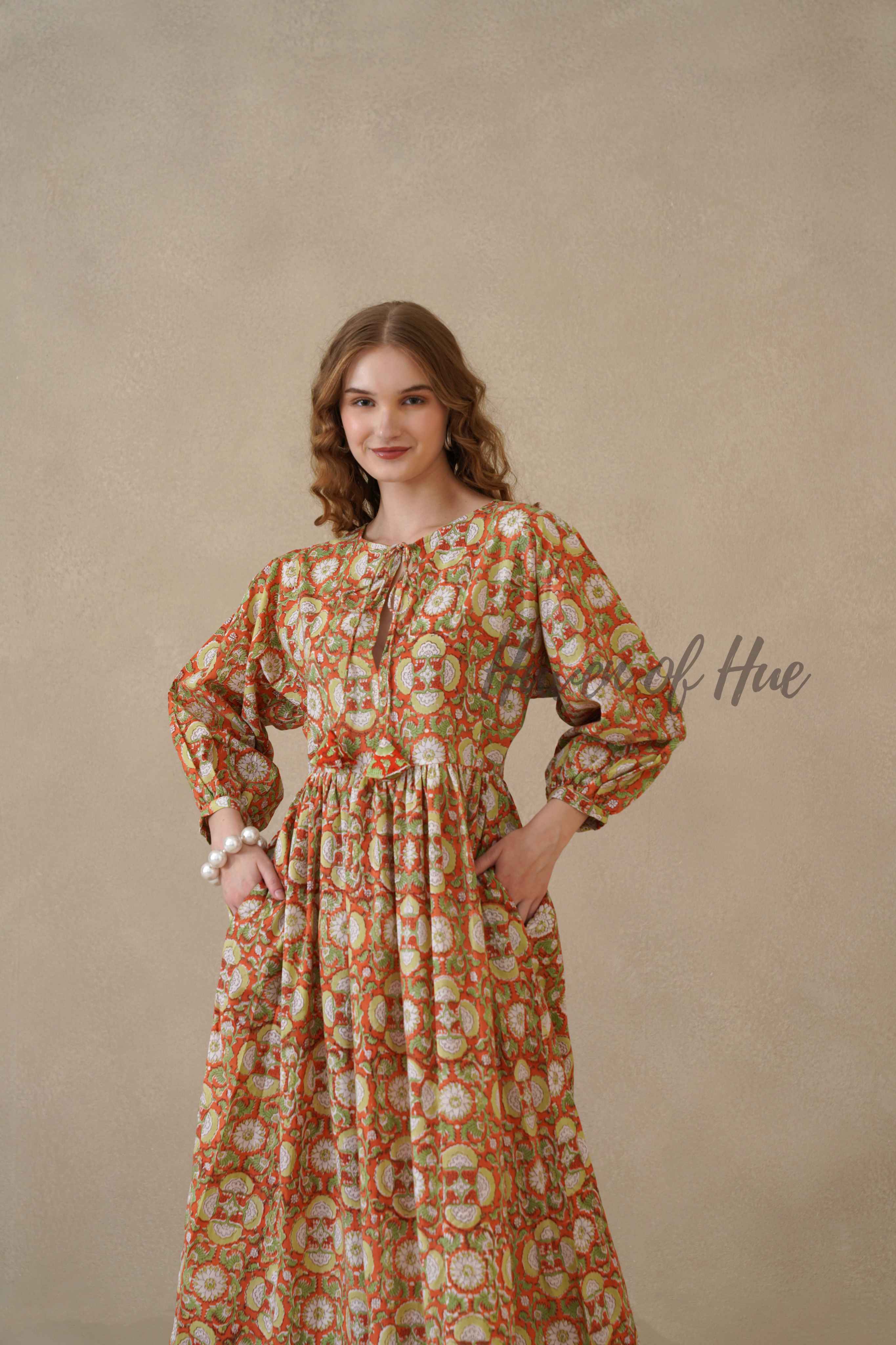 Orange Full Sleeve Cotton Dress with Floral Print