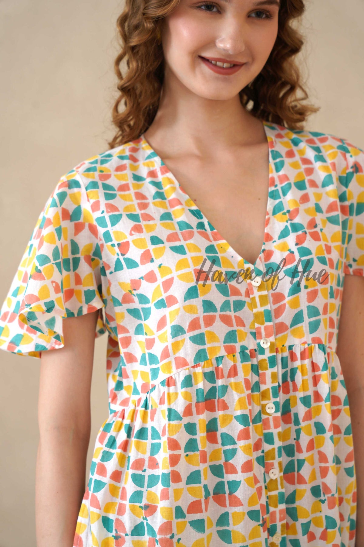 Multicolor Cotton Tiered Dress with Boho Geometric Print