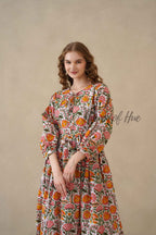 Multicolor Round Neck Cotton Dress with Full Sleeves