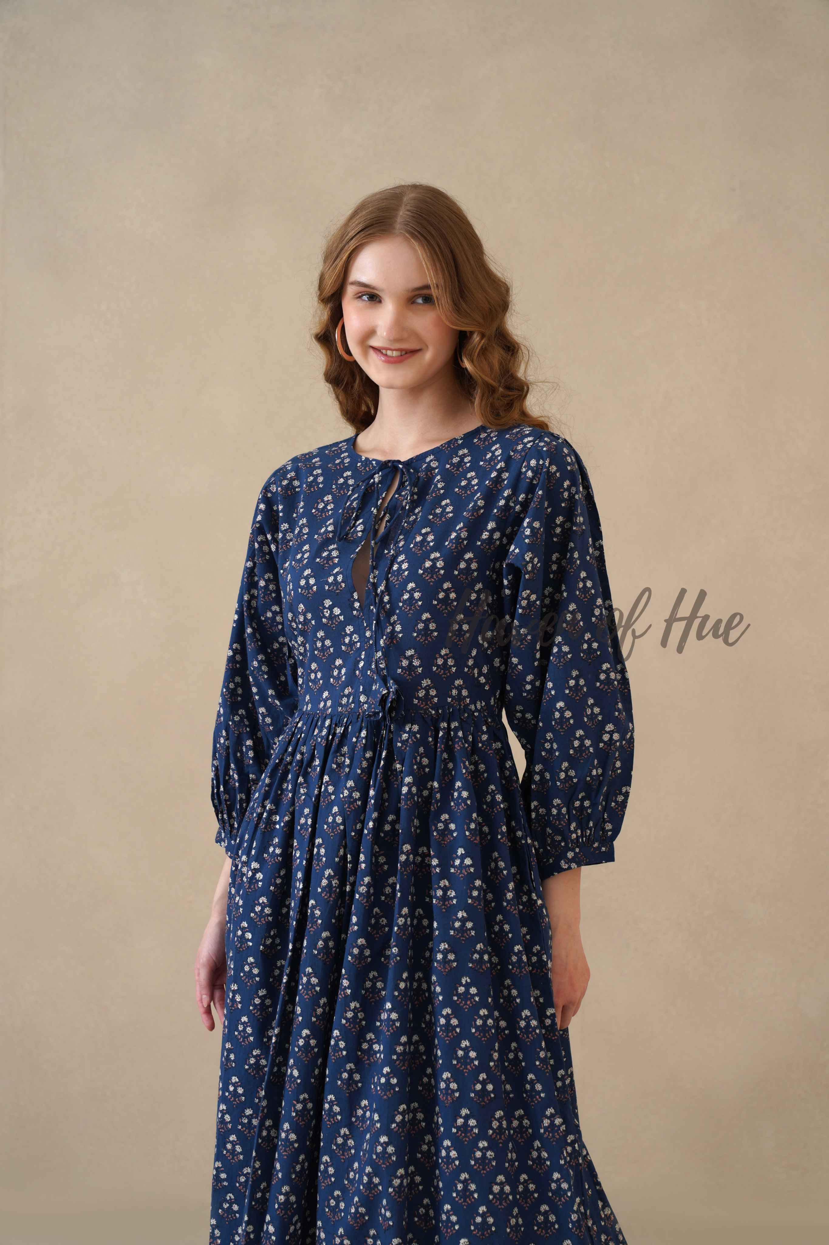 Blue Floral Cotton Midi Dress with Long Sleeves