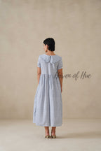 Blue Printed Cotton Dress | Vintage Ruffle Collar Midi Dress