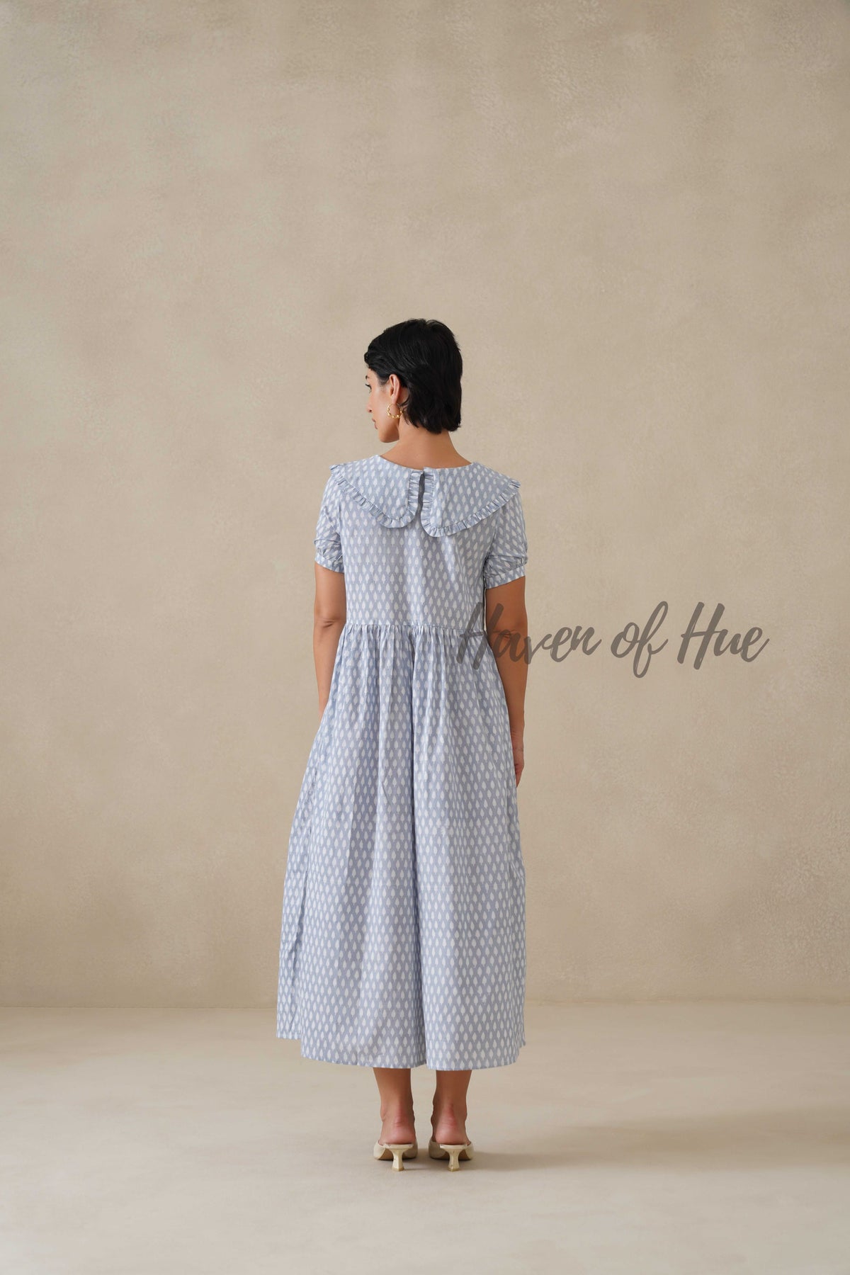 Blue Printed Cotton Dress | Vintage Ruffle Collar Midi Dress