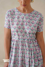 Green Base Floral Cotton Midi Dress - Boho Short Sleeve Cottagecore Dress