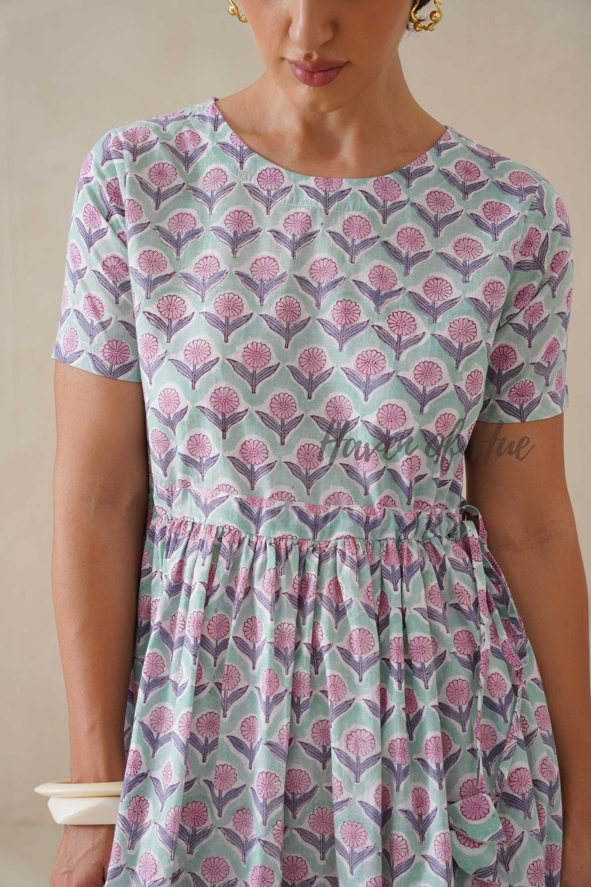 Green Base Floral Cotton Midi Dress - Boho Short Sleeve Cottagecore Dress