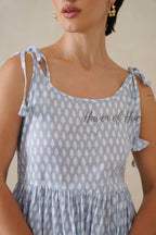 Blue Printed Cotton Dress | Tie Shoulder Summer Midi Dress