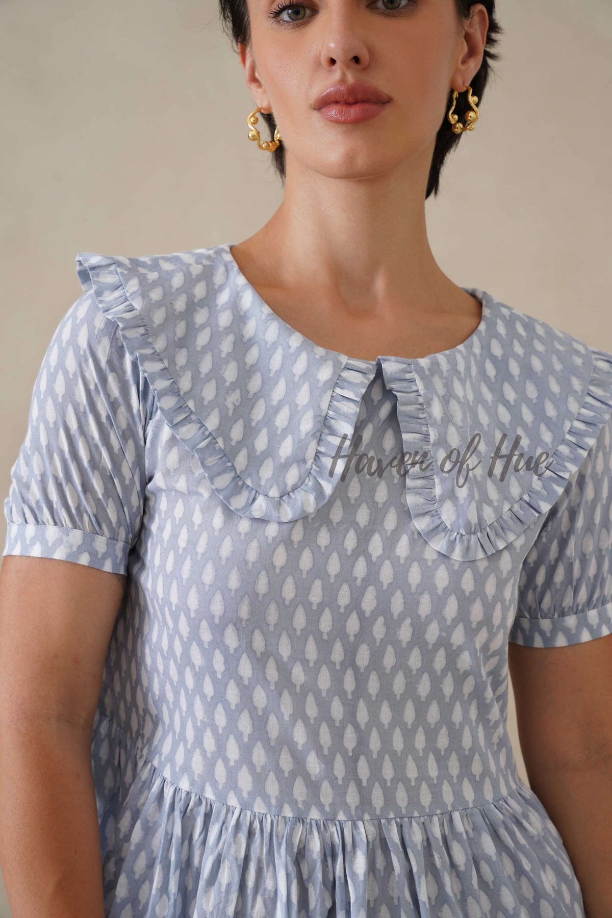 Blue Printed Cotton Dress | Vintage Ruffle Collar Midi Dress