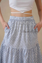 Women’s Blue Diamond Print Cotton Boho Tiered Maxi Skirt for Summer