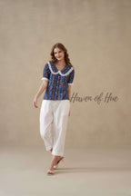 Women’s Blue Floral Cotton Block Printed Top with Lace Peter Pan Collar
