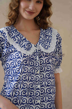 Women's Blue Floral Cotton Block Print Top with Lace Peter Pan Collar
