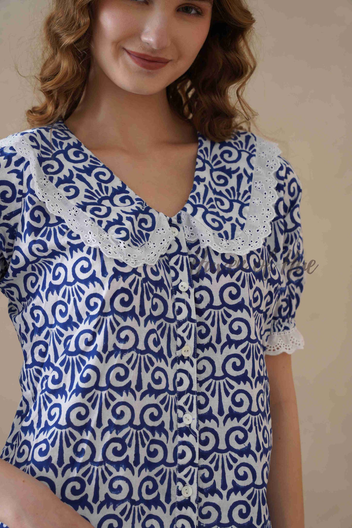 Women's Blue Floral Cotton Block Print Top with Lace Peter Pan Collar