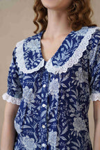 Women's Blue Floral Cotton Summer Top with Elegant Lace Collar