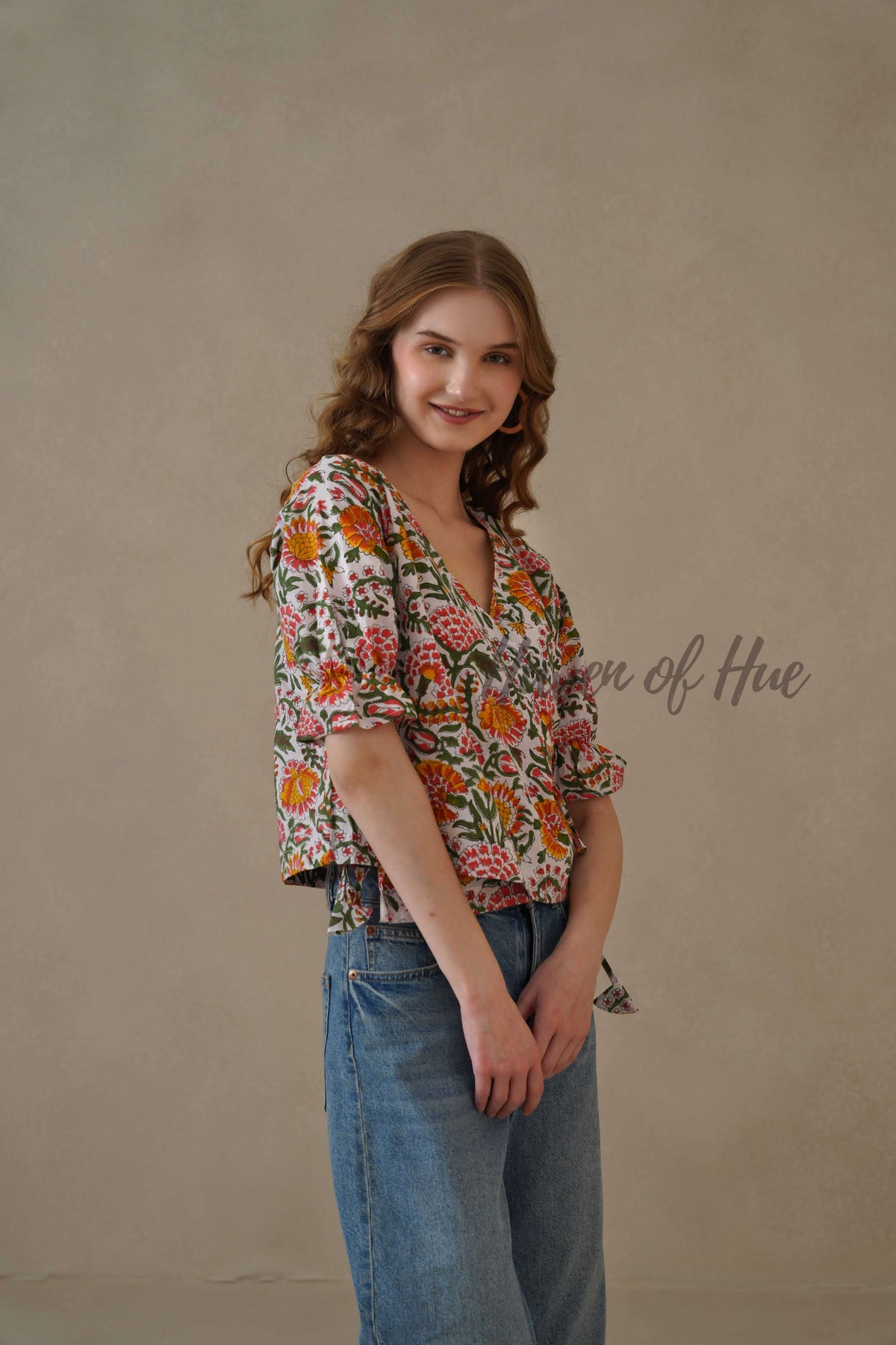 Women’s Multicolor Floral Cotton Wrap Blouse with Adjustable Tie Waist
