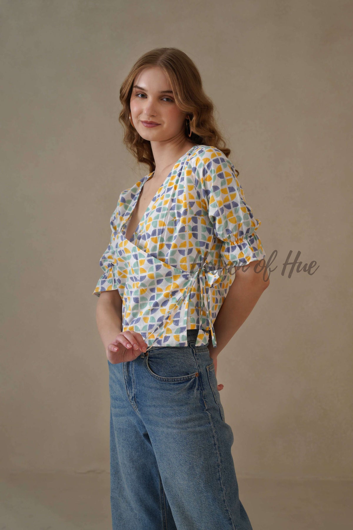 Women’s Multi-Color Block Printed Cotton Wrap Blouse with Tie Waist