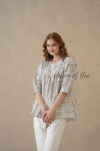 Women’s Gray Floral Hand Block Printed Cotton A-Line Boho Blouse