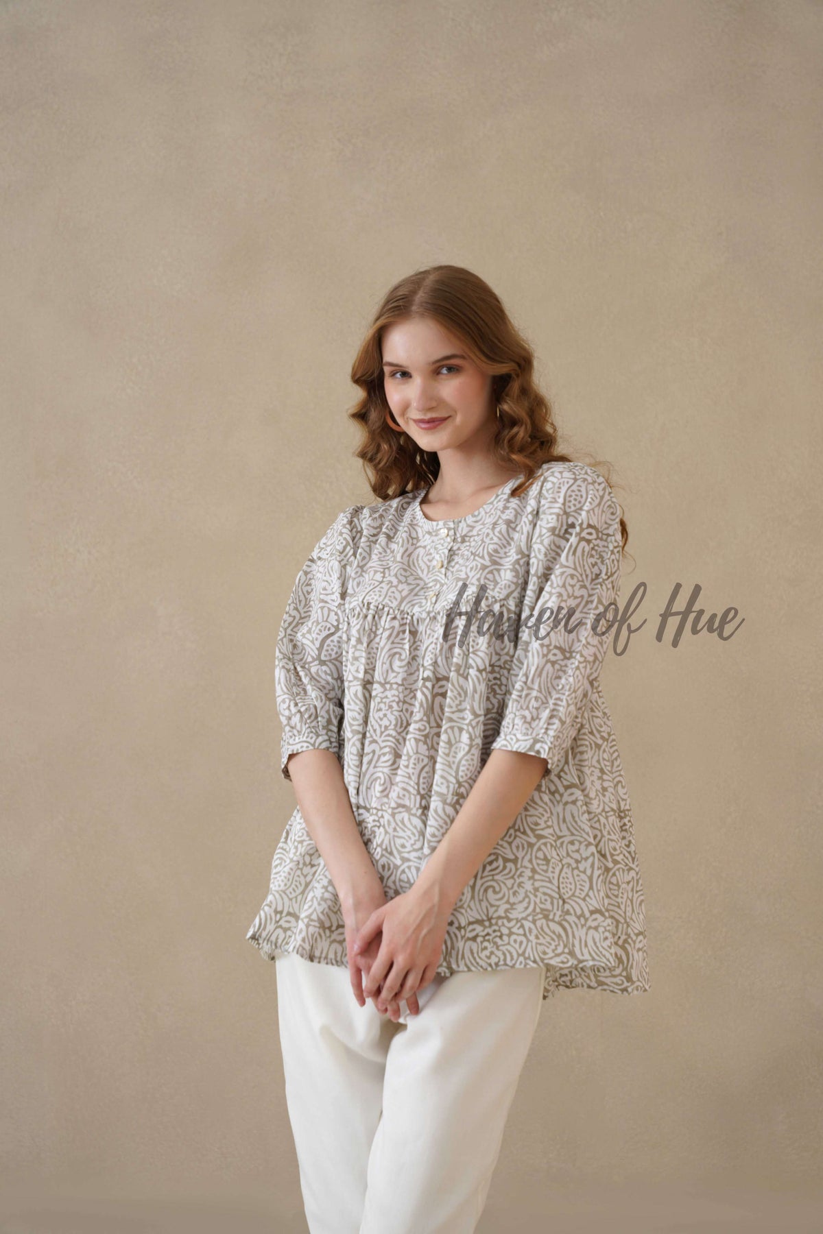 Women’s Gray Floral Hand Block Printed Cotton A-Line Boho Blouse