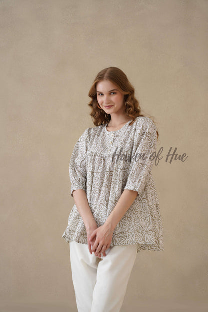 Women’s Gray Floral Hand Block Printed Cotton A-Line Boho Blouse