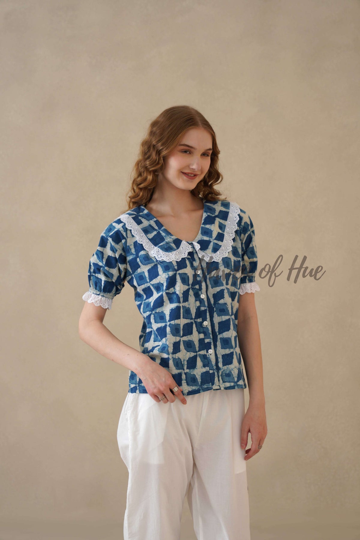 Women's Indigo Hand Block Printed Cotton Top with Lace Peter Pan Collar