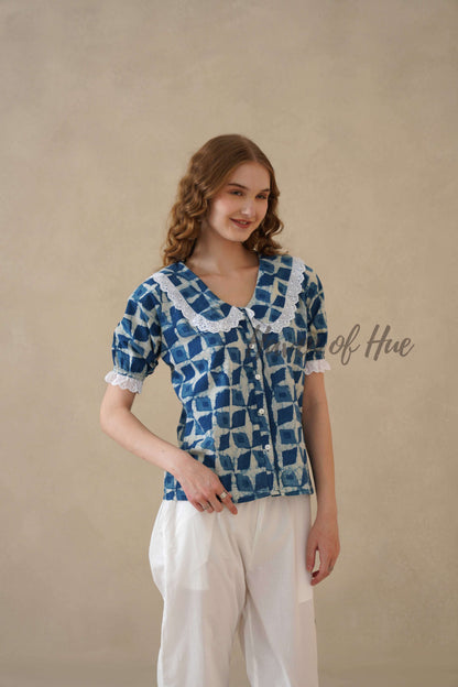 Women's Indigo Hand Block Printed Cotton Top with Lace Peter Pan Collar
